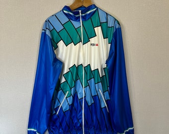 Vintage Windbreaker White Zip Up Blue Colored Parka Hipster Track Jacket Activewear Colorblock Oversized Parka Made in Italy Medium to Large