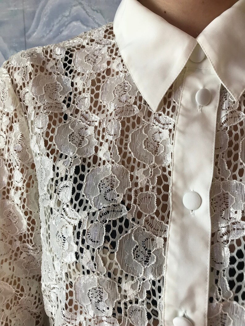 Vintage Ivory White Sheer Lace blouse Long Sleeve See Through Lace Blouse Top Vintage Lace Top Medium to Large Size