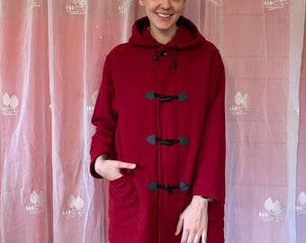 Vintage Women's Hooded Coat Wool Polyester Duffle Jacket Wine Red Womens Coat Women's Trachten Coat Size Medium to Large