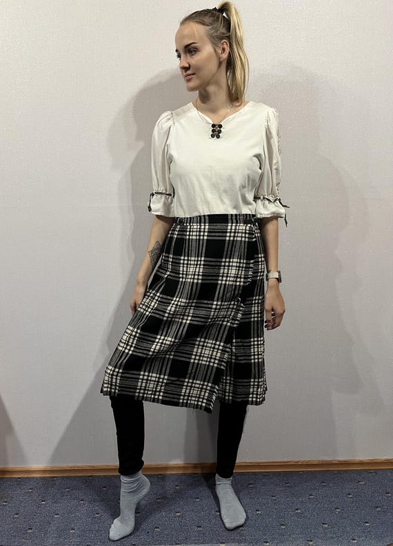 Midi Skirt Black And White Pleated Skirt Plaid Vintage Women