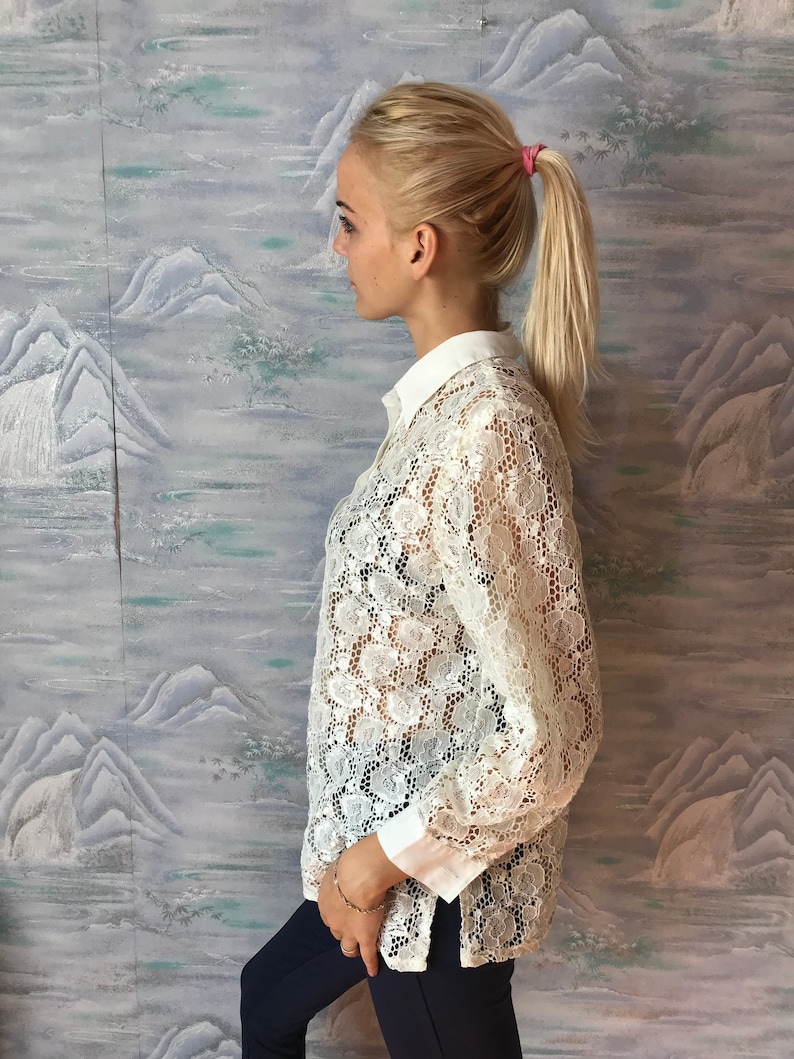 Vintage Ivory White Sheer Lace blouse Long Sleeve See Through Lace Blouse Top Vintage Lace Top Medium to Large Size