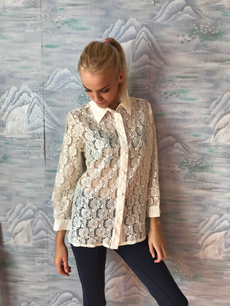 Vintage Ivory White Sheer Lace blouse Long Sleeve See Through Lace Blouse Top Vintage Lace Top Medium to Large Size