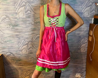 90's Austrian Dirndl Two Piece Dress Green Floral Ditsy Print Gingham Bavarian Oktoberfest Dress Folk Checked Tirol Small to Medium Size