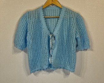 Vintage Light Blue Knitted Croped Cardigan Short Sleeve Knitted sweater 90s Women's Formal summer jacket Medium to Large Size Knitted Jacket