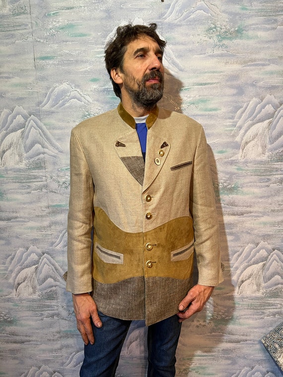 Vintage Mens Loden Jacket Beige Leinen Traditional Folk Austrian