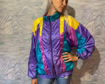 Vintage 80s Windbreaker Blue Colorblock Parka Trefoil Hipster Colorblock Windbreaker Lightweight Jacket Jogging Jacket Size Large