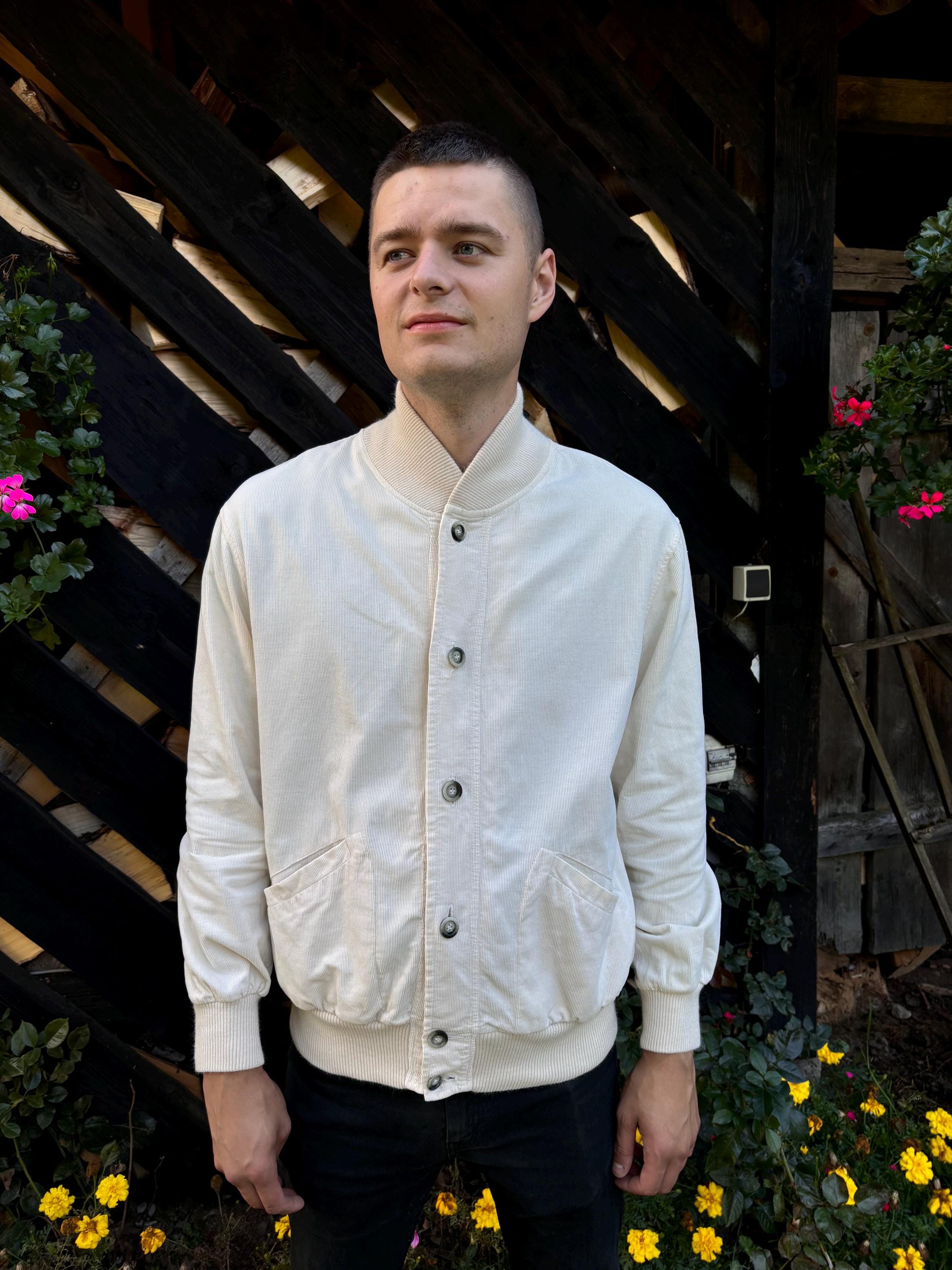 Vintage Grunge Corduroy Cardigan Sweater Mens Beige Cotton Corduroy Cardigan Button Up Puffer Bomber Corduroy Jacket Size Medium