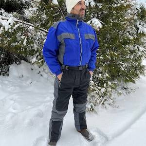 Vintage Herren Skianzug Blau Grau Einteiler Winter Skianzug Retro Schneeanzug Hipster Winter wear Sport Jumpsuit Skianzug Größe extra groß