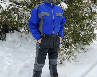 Vintage mens skipak blauw grijs eendelig winter skipak retro sneeuwpak hipster winterkleding sport jumpsuit skipak maat extra groot