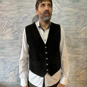 Genuine Leather Suede Vest Black Leather Vest Gentleman&#39;s Large Size Waistcoat Black Suede Mens Vest Biker Mens Vest Pushbuttons Vest