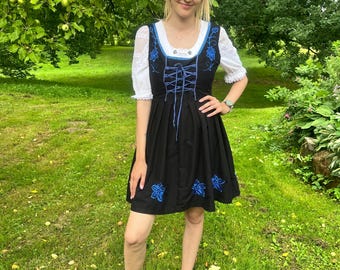 Black Dirndl Dress Blue Light Dress Bavarian Oktoberfest Dress Austrian National Folk Dress Checked Tirol Gown Medium Size