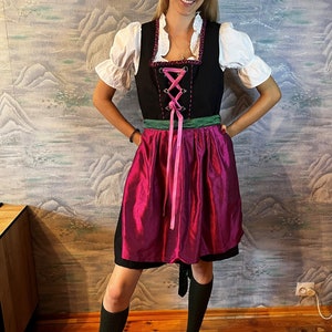 Dark Dirndl Dress with Blouse and Two Apron Bavarian Oktoberfest Dress Austrian National Folk Dress Tirol Gown Medium to Large Size