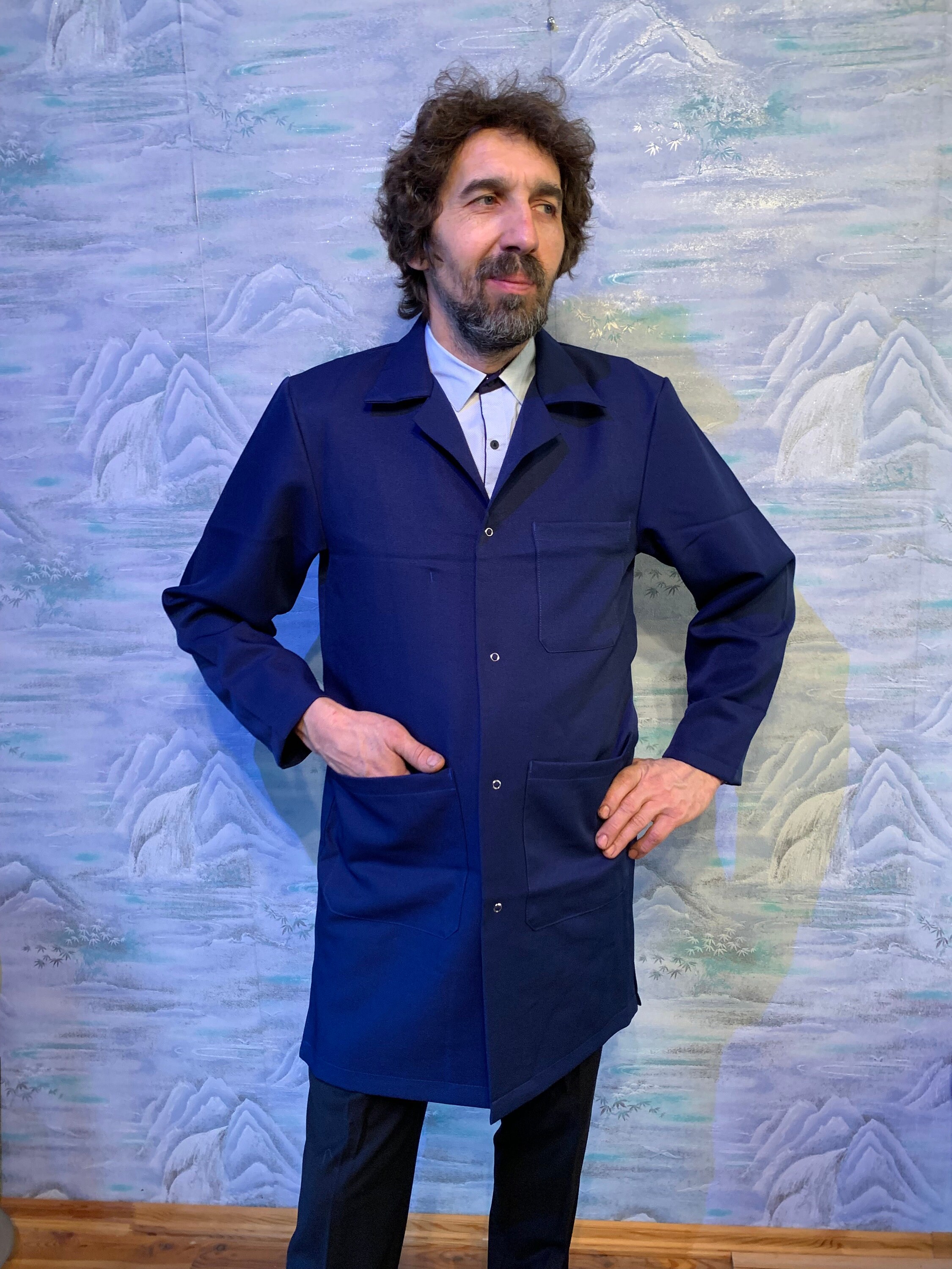 Cobalt Blue Work Coat Men Workwear Long Chore Jacket Retro Artist ...