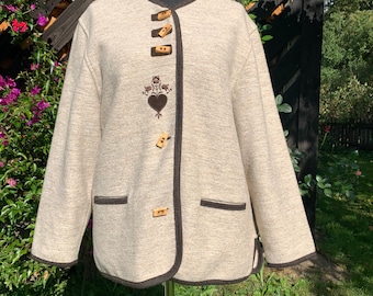 Vintage Wool Blazer 80s Beige Embroidered Blazer Wool Suit Jacket Tyrolean Sounds of Music Warm Blazer Large Size Warm Jacket