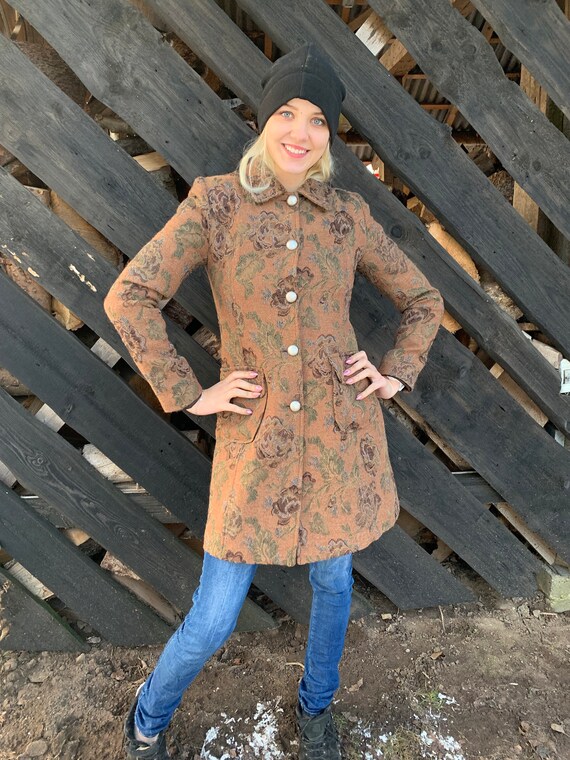 Floral Brown Wool Coat Women's Romantic Coat Autum
