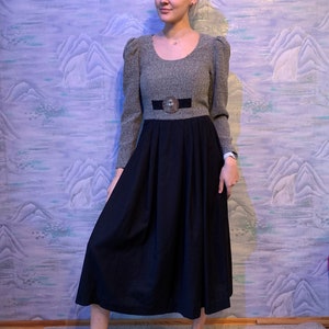 Vintage Gray Black Dirndl Dress Austrian Folk Dress Warm Oktoberfest Dress Puff Sleeve Austrian National Dress Medium Size Dress