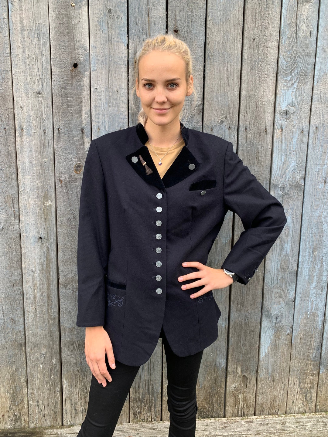 Women Trachten Dark Blue Schurwool Embroidered Blazer