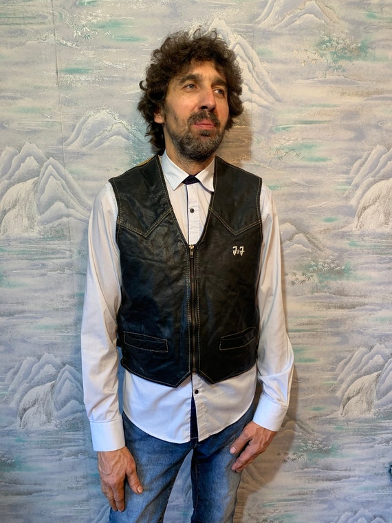 Black Leather Brown Canva Vest Mens Genuine Leather Waistcoat Bikers Vest Zipper Rocker Festival Country Cowboy Style Extra Large Size Vest