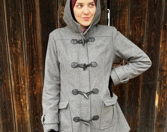 Vintage Women's Wool Duffle Jacket Gray Parka Jacket Cropped Coat with Detachable Hooded 90s Wool Duffle Coat Winter Coat Size Medium