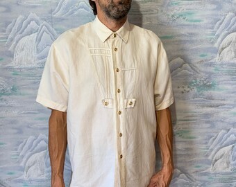 Beige men shirt, Leinen Cotton trachten shirt Button up shirt, short sleeve loden chemise, summer beach wedding, large to extra large