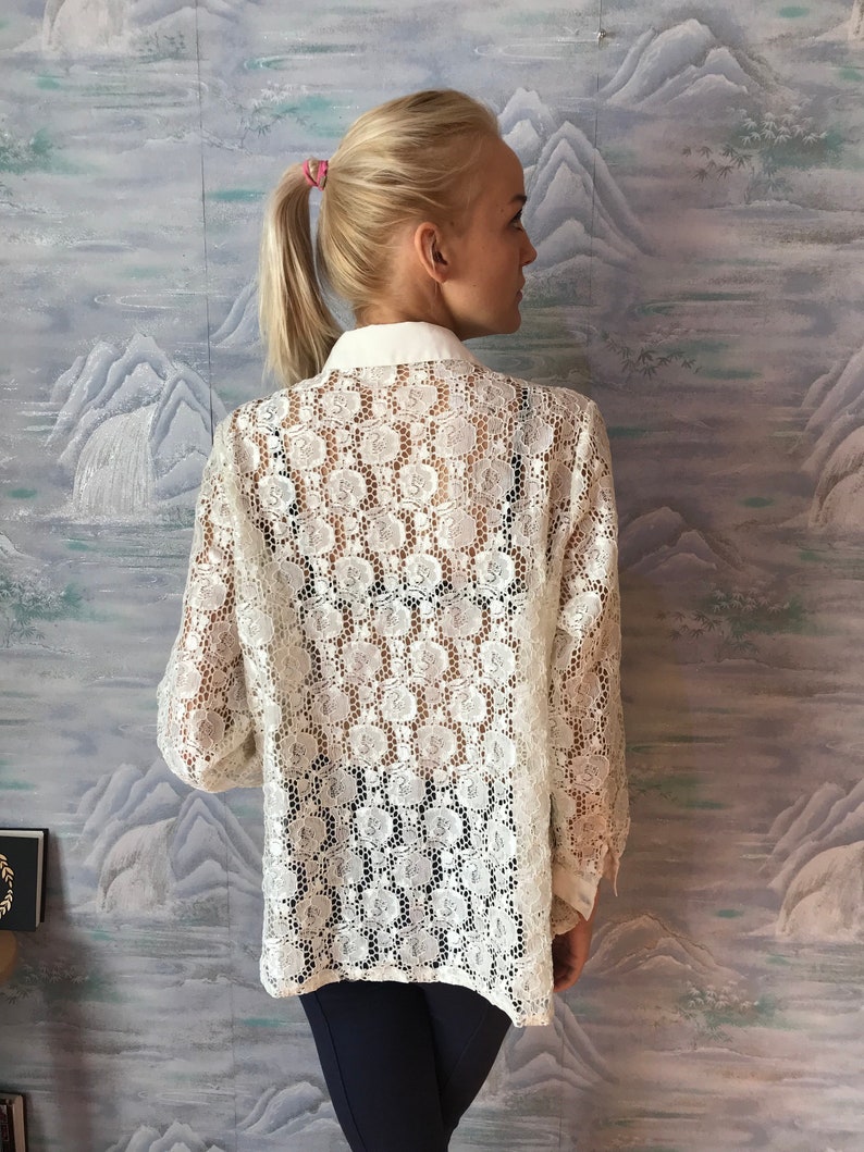 Vintage Ivory White Sheer Lace blouse Long Sleeve See Through Lace Blouse Top Vintage Lace Top Medium to Large Size
