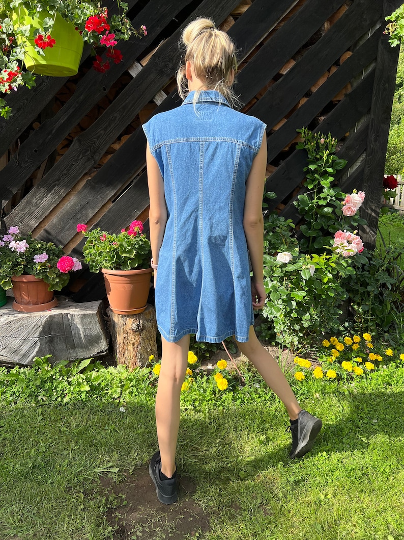 Blue Denim Dress Buttons up Dress Sleeveless Shirt Dress Jean Dress Denim A line Midi Denim Dress Medium Size / 32X44 image 3