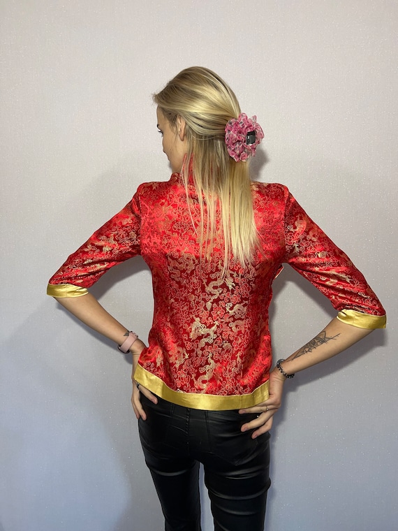 Red Cheongsam blouse Vintage Chinese Red Satin To… - image 3