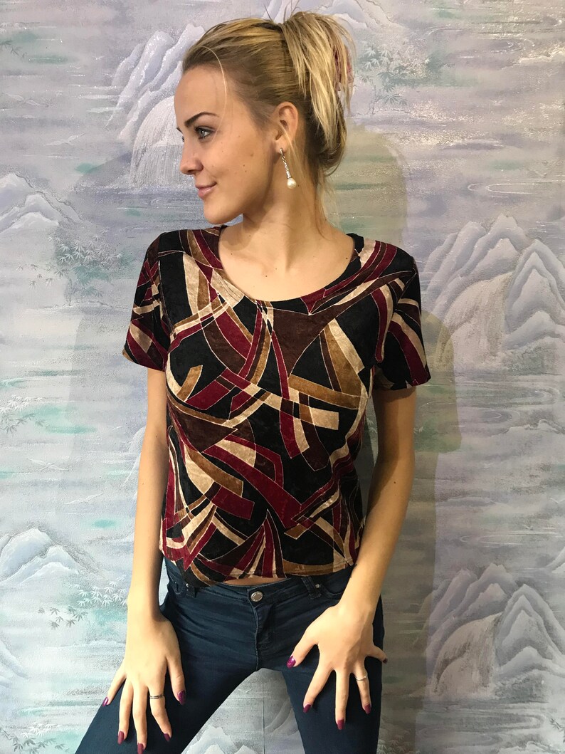Vintage Women Velvet Top Short Sleeve Blouse Dark Color Abstract Velvet Skirt Medium Size