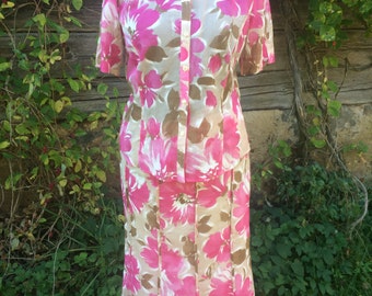 Rosa und Pfirsich Seide Baumwollanzug Vintage Seidenrock & Bluse Zweiteiler Größe L