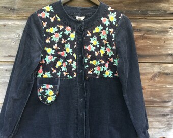 Vintage Dark Grey Corduroy Blouse Long Wide Sleeve Blouse with Flowery fabric element Comfortable blouse Size Medium