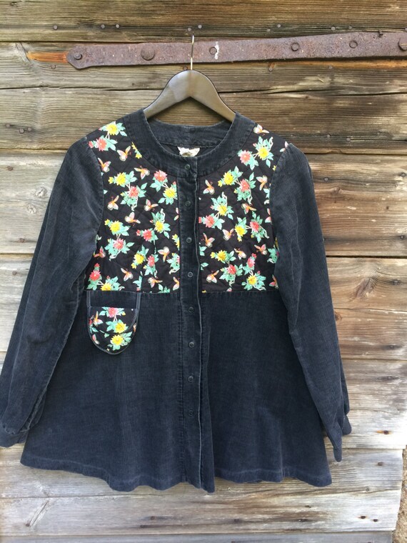 Vintage Dark Grey corduroy Blouse Long Wide Sleev
