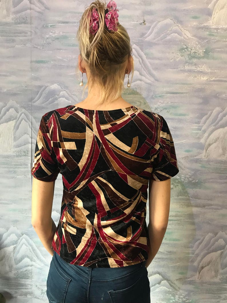 Vintage Women Velvet Top Short Sleeve Blouse Dark Color Abstract Velvet Skirt Medium Size