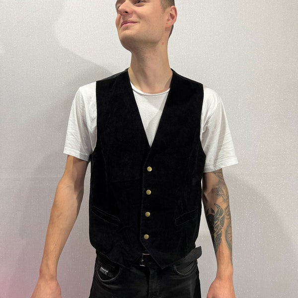 Suede Leather Mens Vest Black Leather Vest Gentleman's Large Size Waistcoat Black Suede Leather Mens Vest Biker Mens Vest  button up Vest