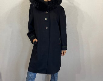 Vintage Classic Bavarian Coat with Hood Austrian Loden Coat Dark Blue Lane Wool Dirndl Coat Women's Trachten Coat Size L/XL Warm Folk Coat