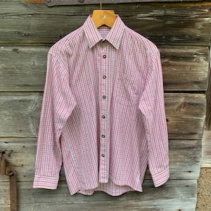 Vintage Austriaco Camicia Uomo Cotone Dirndl Camicia a maniche lunghe Camicia a scacchi Folk Tradizionale Bavarese Camicia Dimensione 164/Piccola