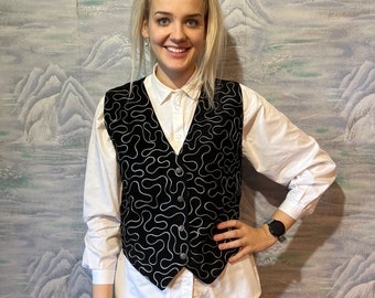 Embroidered Suede Leather Vest Leather Women's Vest Dark Leather Waistcoat with Button Medium Size Vest for Womens