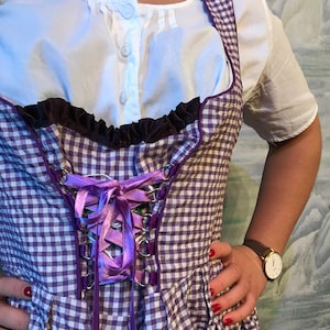 May include: A traditional purple and white checkered dirndl dress with a white blouse underneath. The dress features a laced bodice with purple ribbon and silver eyelets. The dress has a dark purple trim and a ruffled accent.