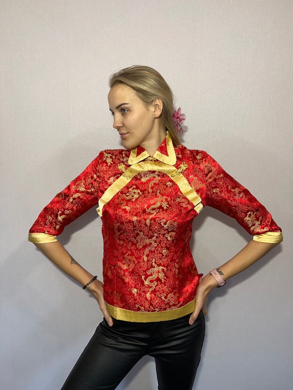 Red Cheongsam blouse Vintage Chinese Red Satin To… - image 1