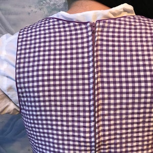 May include: A purple and white checkered vest with a full-length zipper down the back. The vest is worn over a white collared shirt. The zipper is a matching purple color.