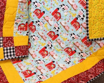 Handmade Baby Quilt for Sale, Farm Animal Quilt, Flannel Quilt, Twin Quilt, Barn Yard Animal Quilt, Quilts for Sale Handmade