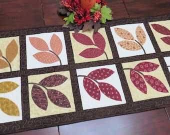 Handmade Autumn Leaves Table Runner: Appliqued Cotton Quilted Decor
