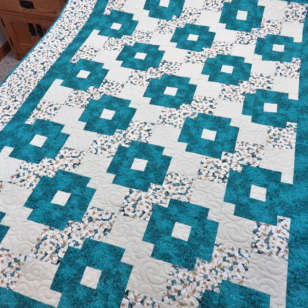 Handmade Quilt for Sale, Teal Throw Quilt, Floral Quilt, Lap Quilt, Large Blanket, Quilts for Sale Handmade, Quilts for Sale