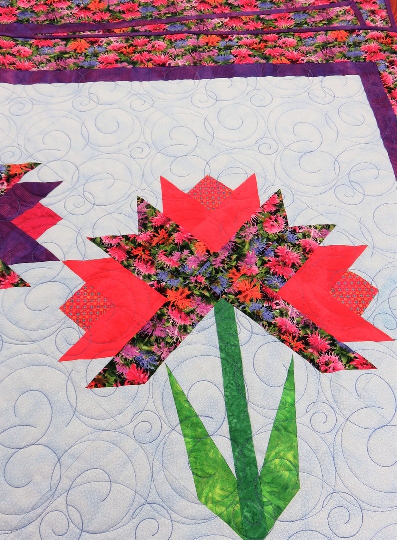 Handmade Quilt for Sale, Twin Size Quilt, Floral Blanket, Flowers Quilt