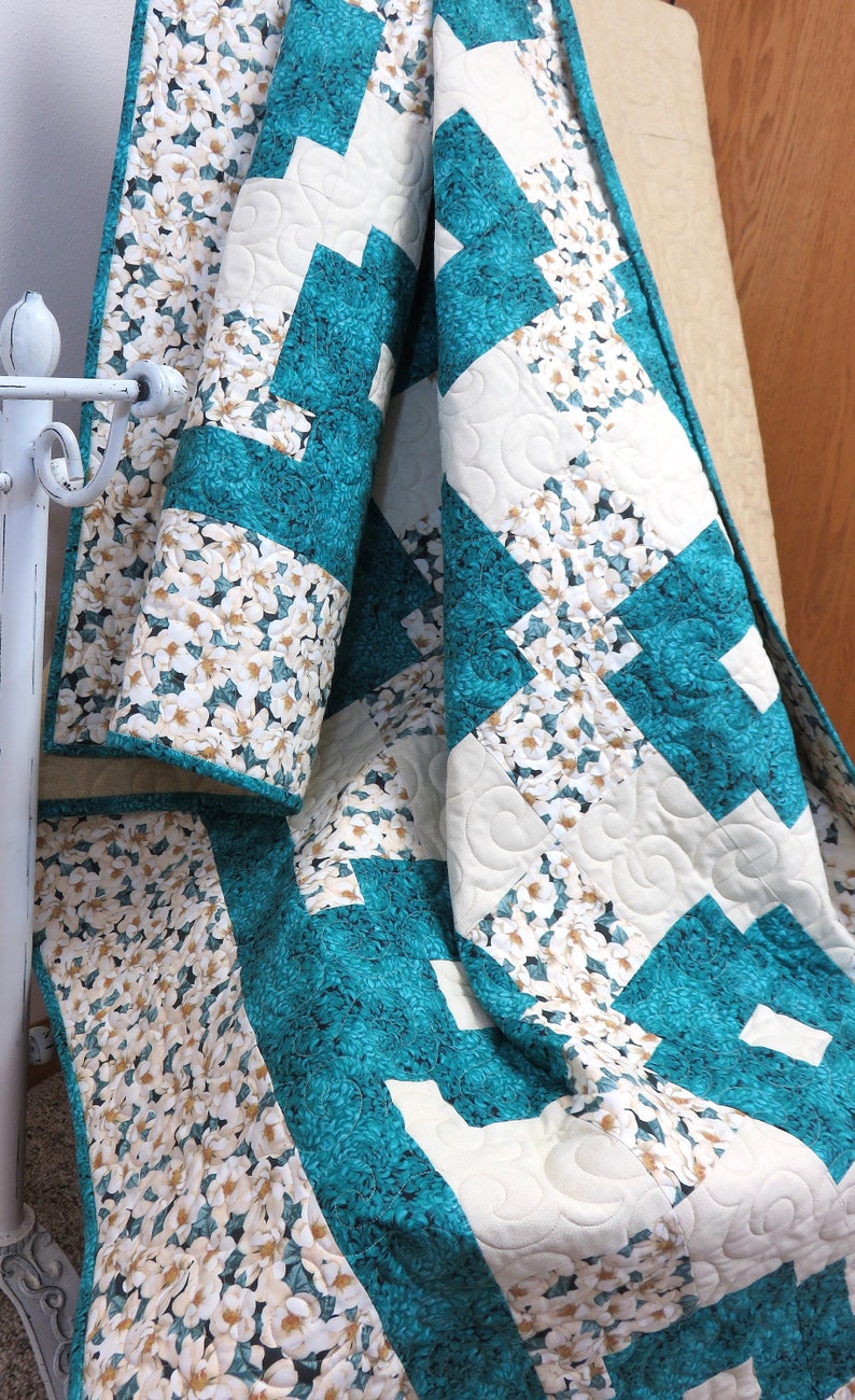 Handmade Quilt for Sale, Teal Throw Quilt, Floral Quilt, Lap Quilt