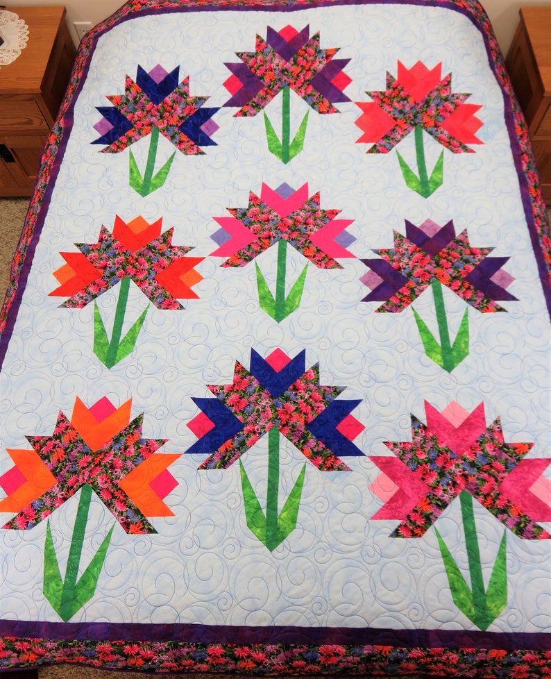 Handmade Quilt for Sale, Twin Size Quilt, Floral Blanket, Flowers Quilt