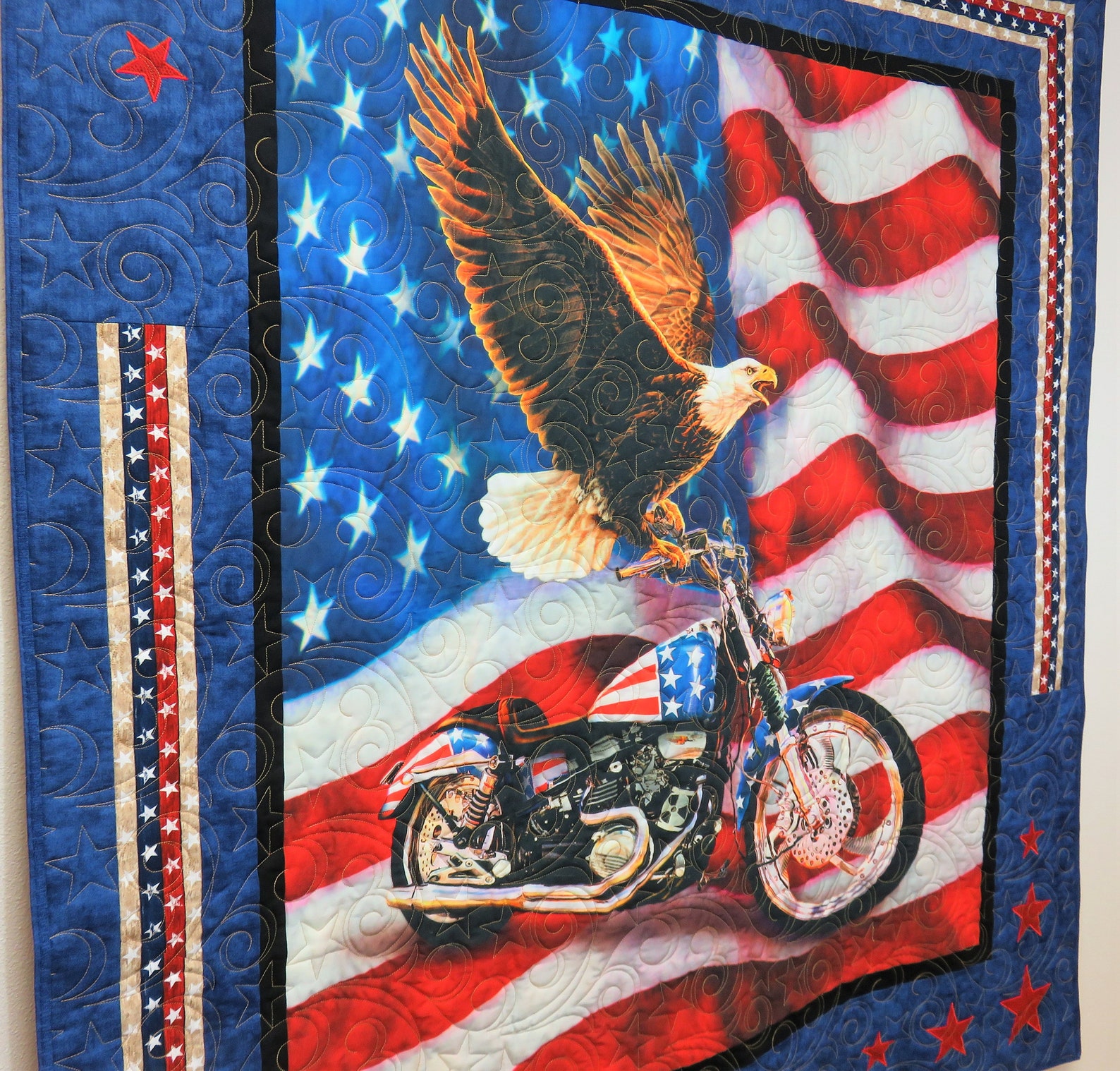 Handmade Quilt for Sale, American Flag Quilt, Harley Davison Quilt