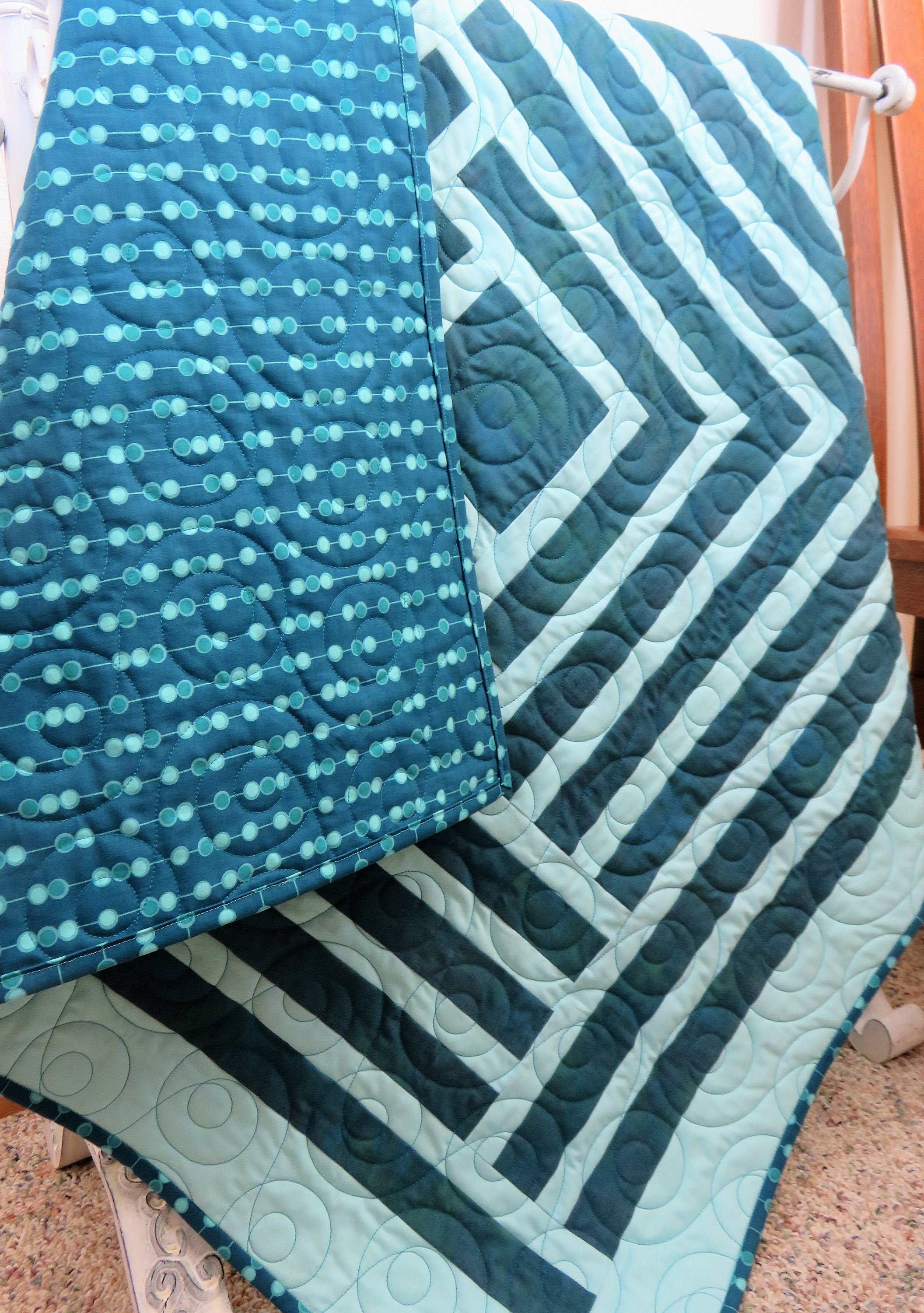 Handmade Quilt for Sale, Lap Quilt, Throw Quilt, Teal Quilt, Toddler