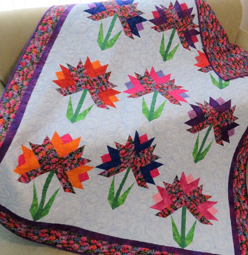 Handmade Quilt for Sale, Twin Size Quilt, Floral Blanket, Flowers Quilt