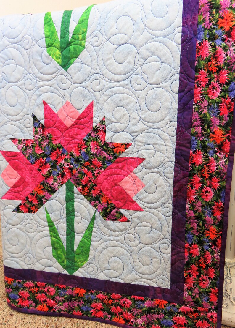 Handmade Quilt for Sale, Twin Size Quilt, Floral Blanket, Flowers Quilt