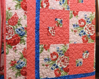 Peach Floral Quilt: Coral Roses Lap Throw, 47x62 inches